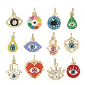 12 Mixed Colorful Evil Eye and Heart Charm Set Without Chain
